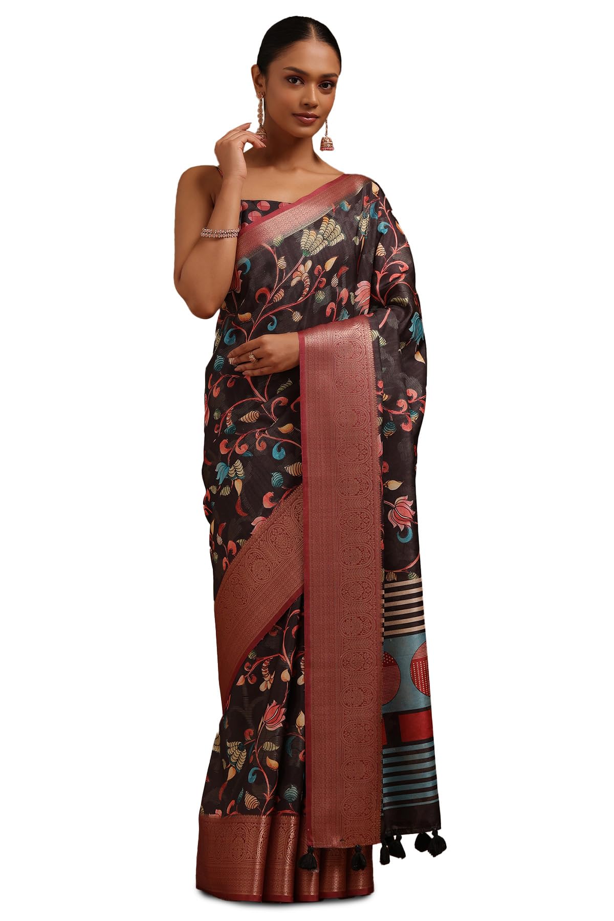 Soch Womens Black Tussar Floral Print Saree