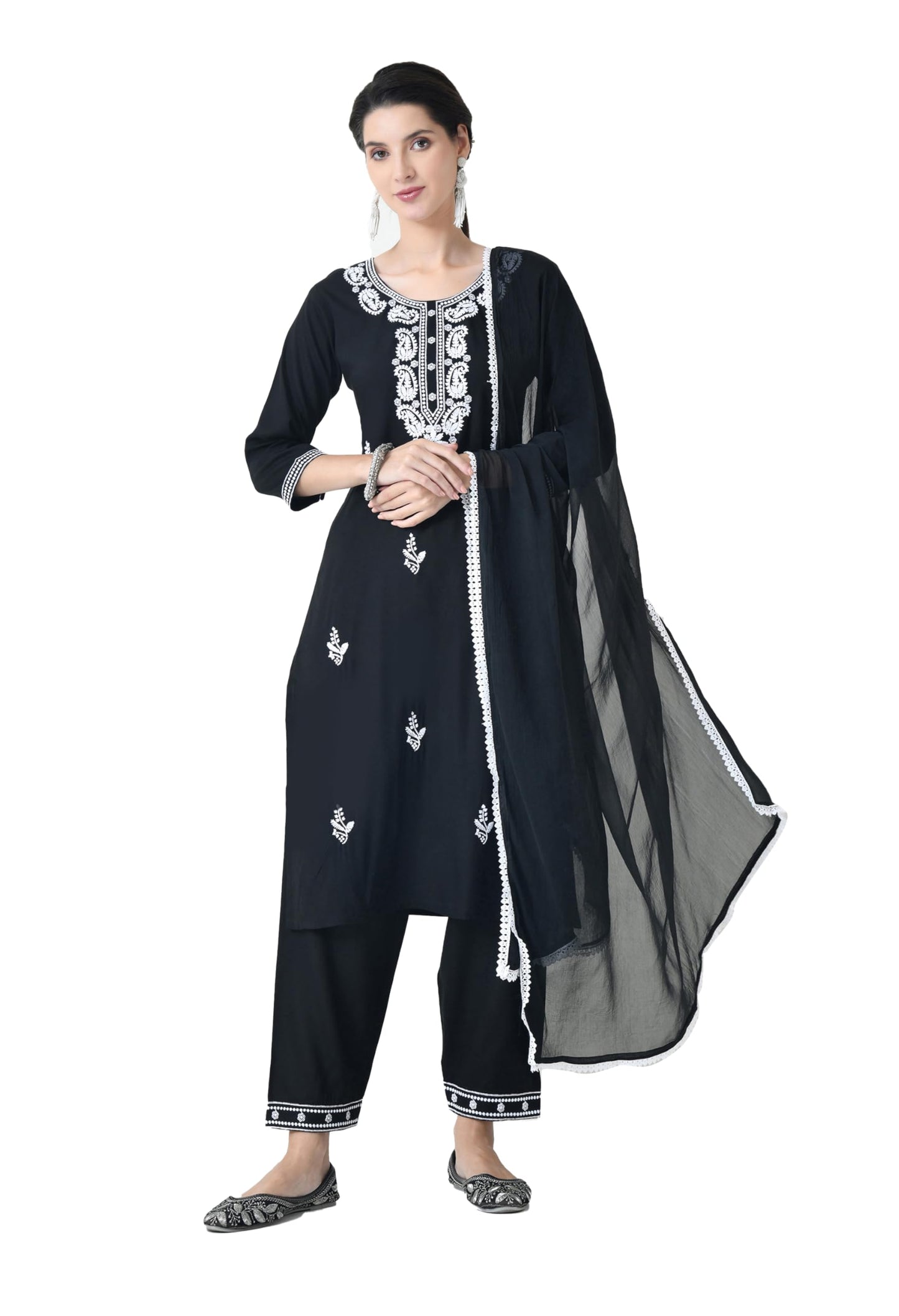 LIBOZA Chikankari Kurta Set for Women, Royon Cotton Straight Design Salwar Suit for Wedding, Diwali & Festival Kurti Pant With Dupatta, Suits Sets for Girls (IN, Alpha, L, Regular, BLACK)