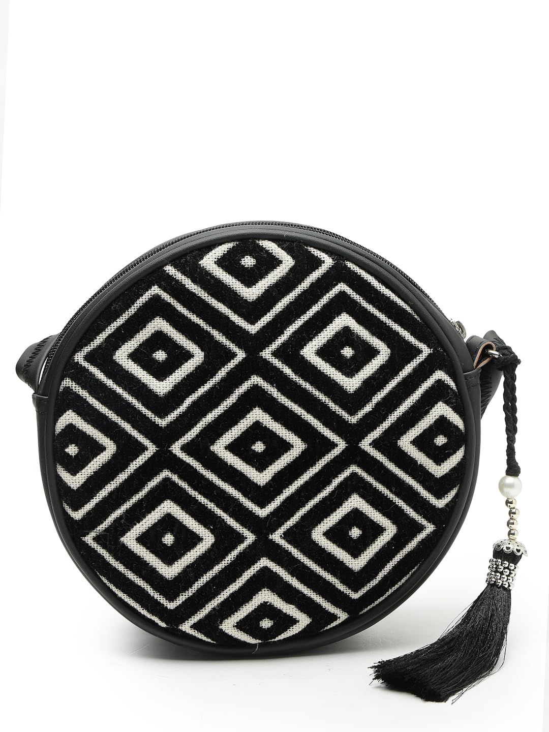 Anekaant Boho Black & Off White Diamond Cotton Jacquard Sling Bag