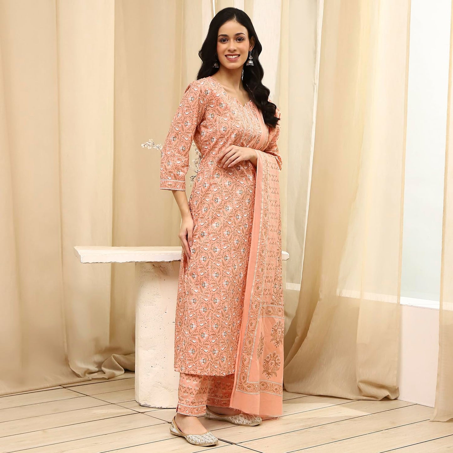 BIBA Women's Assorted Cotton Hand Block Print Unstitched Suit Set