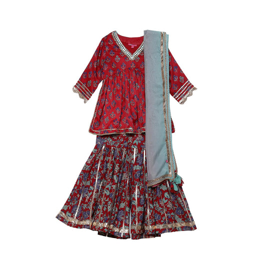 BIBA Girl's Rayon Kurta, Sharara, Dupatta (KWMNM6224AW24CHRYRD_Cherry Red