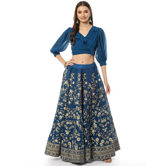 BIBA Women's Blue Art Silk Lehenga Set