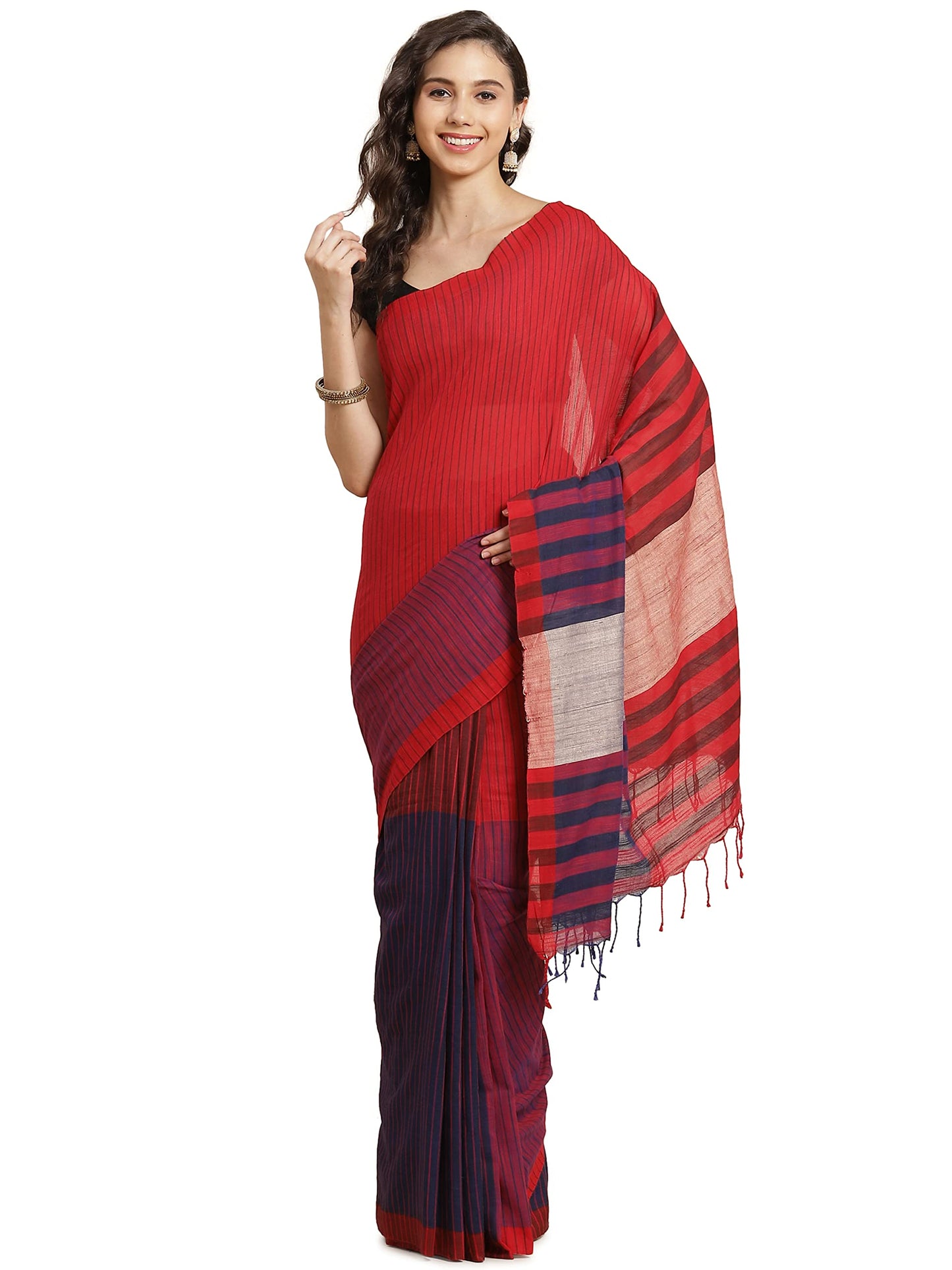 Aditri Women's Handloom Khadi Cotton Saree with Running Blouse (Multicolored)