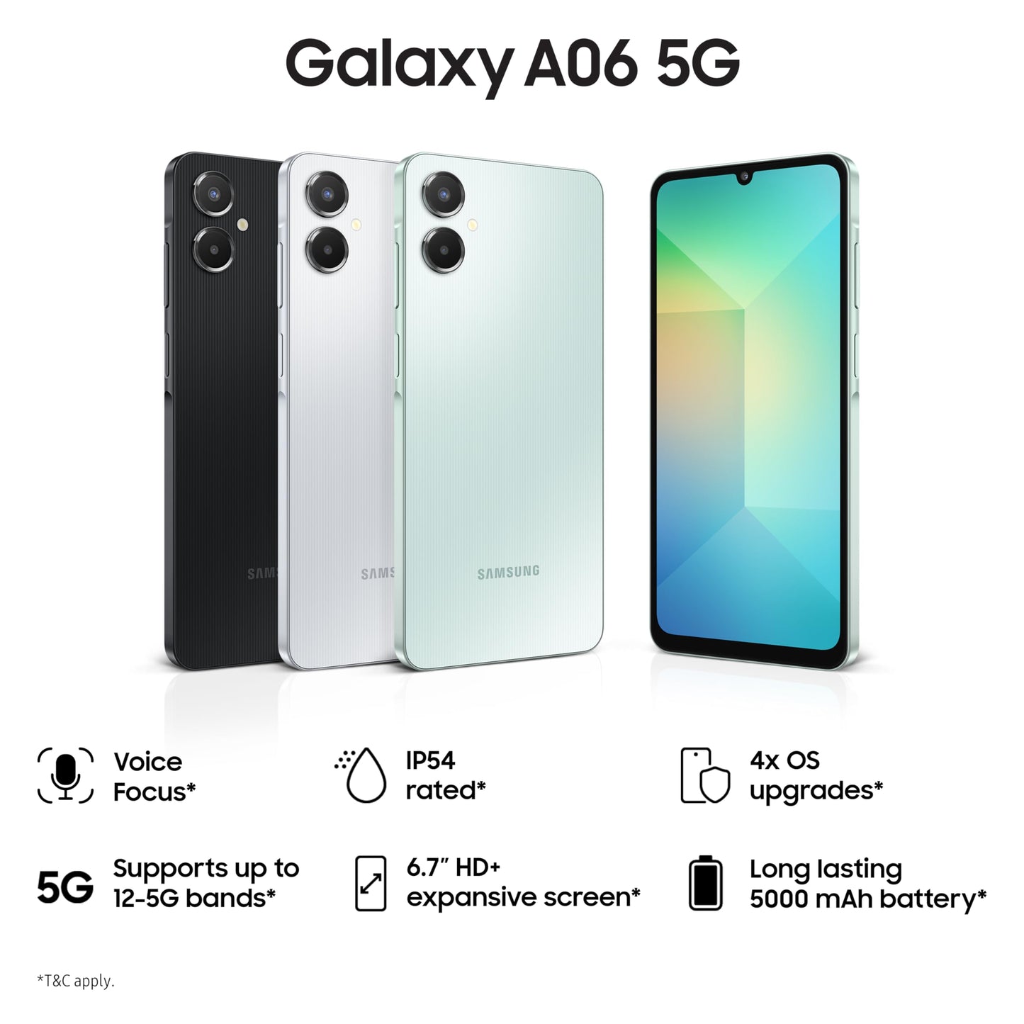 Samsung Galaxy A06 5G (Light Green, 6GB RAM, 128GB Storage) | 50MP Dual Camera | 4 Gen OS Upgrades | IP54 Rating | Voice Focus