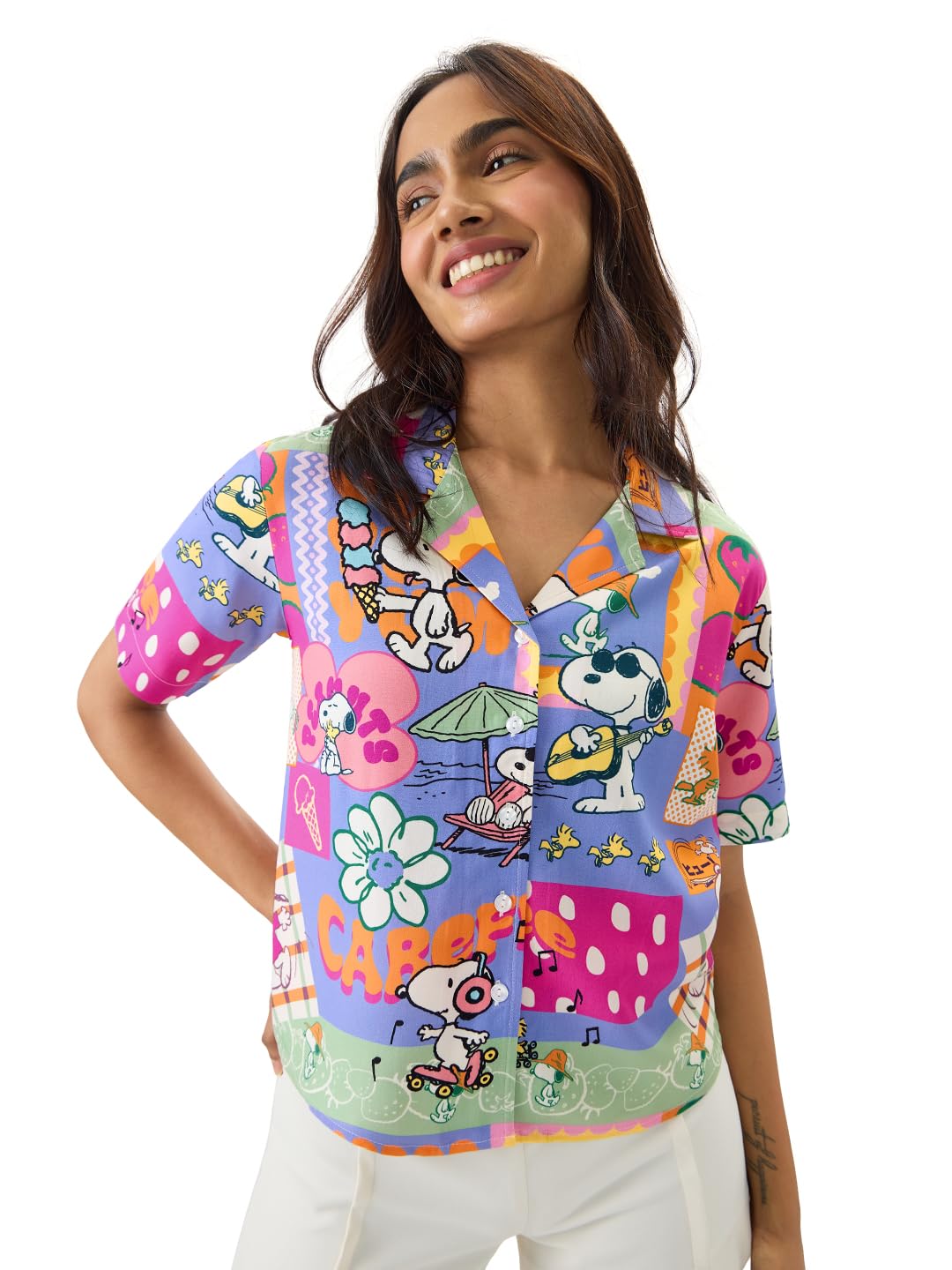 The Souled Store Official Peanuts: Carefree Women and Girls Short Sleeve Collared Neck Button Front Regular Fit Rayon Summer Shirts Multicolour