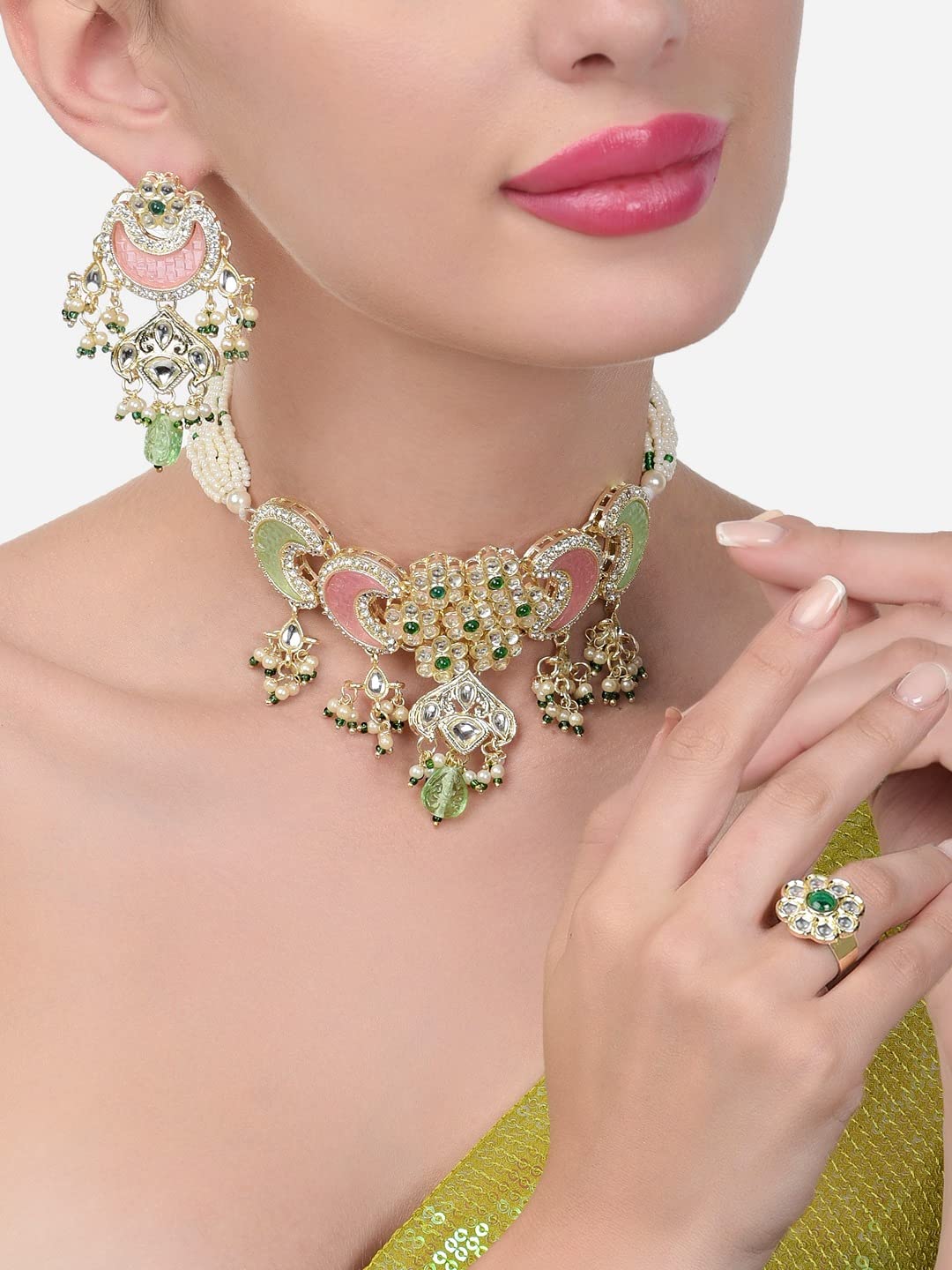 ZAVERI PEARLS Pink Green Stones Beads Multistrand Kundan Choker Necklace Earring & Ring Set For Women-ZPFK15652