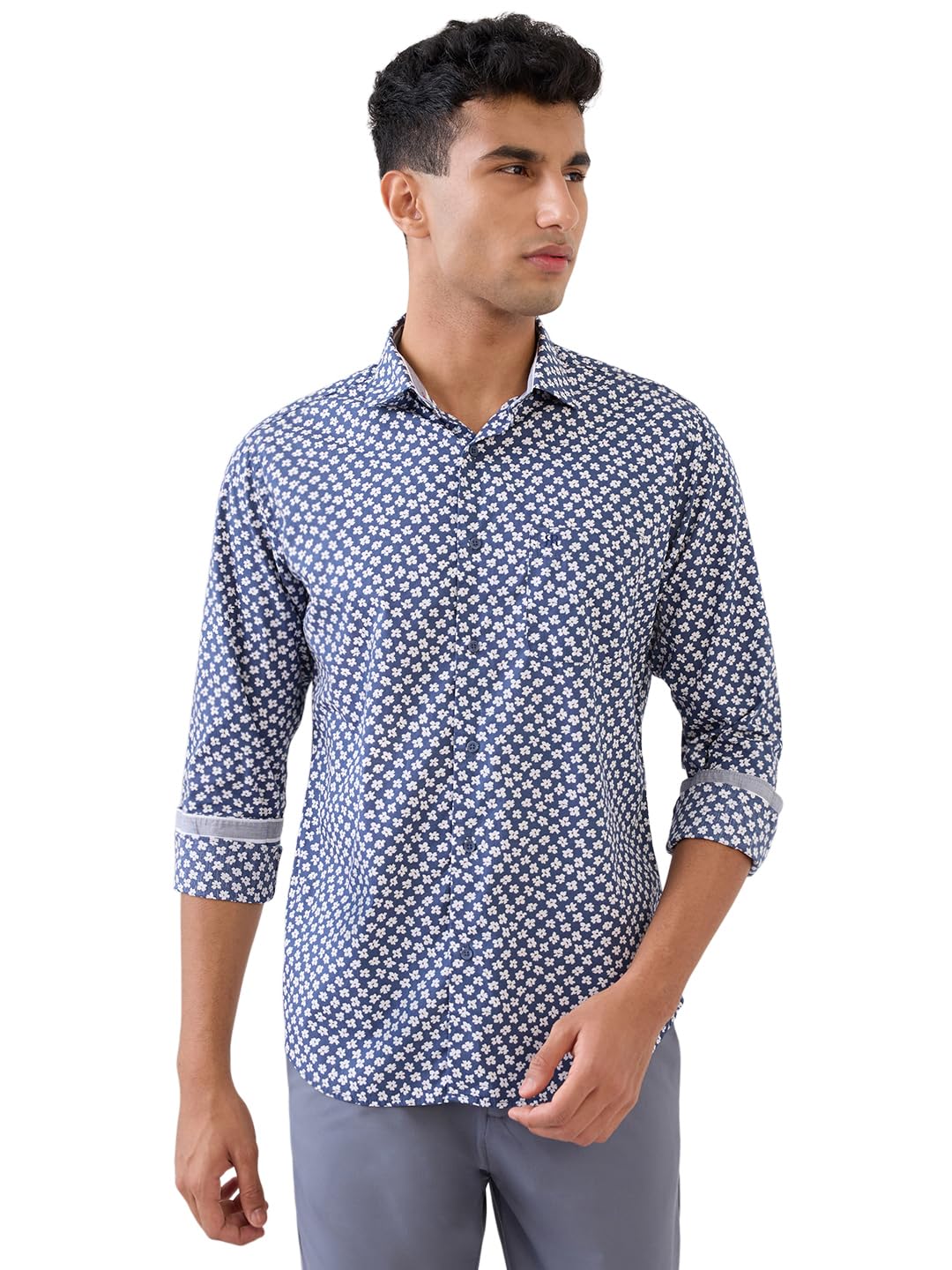 Raymond Men Regular Fit Print Pattern Linen Cotton Blend Semicutaway Collar Full Sleeve Casual Shirt (Size:42)-RCSQ01979-B6 Blue