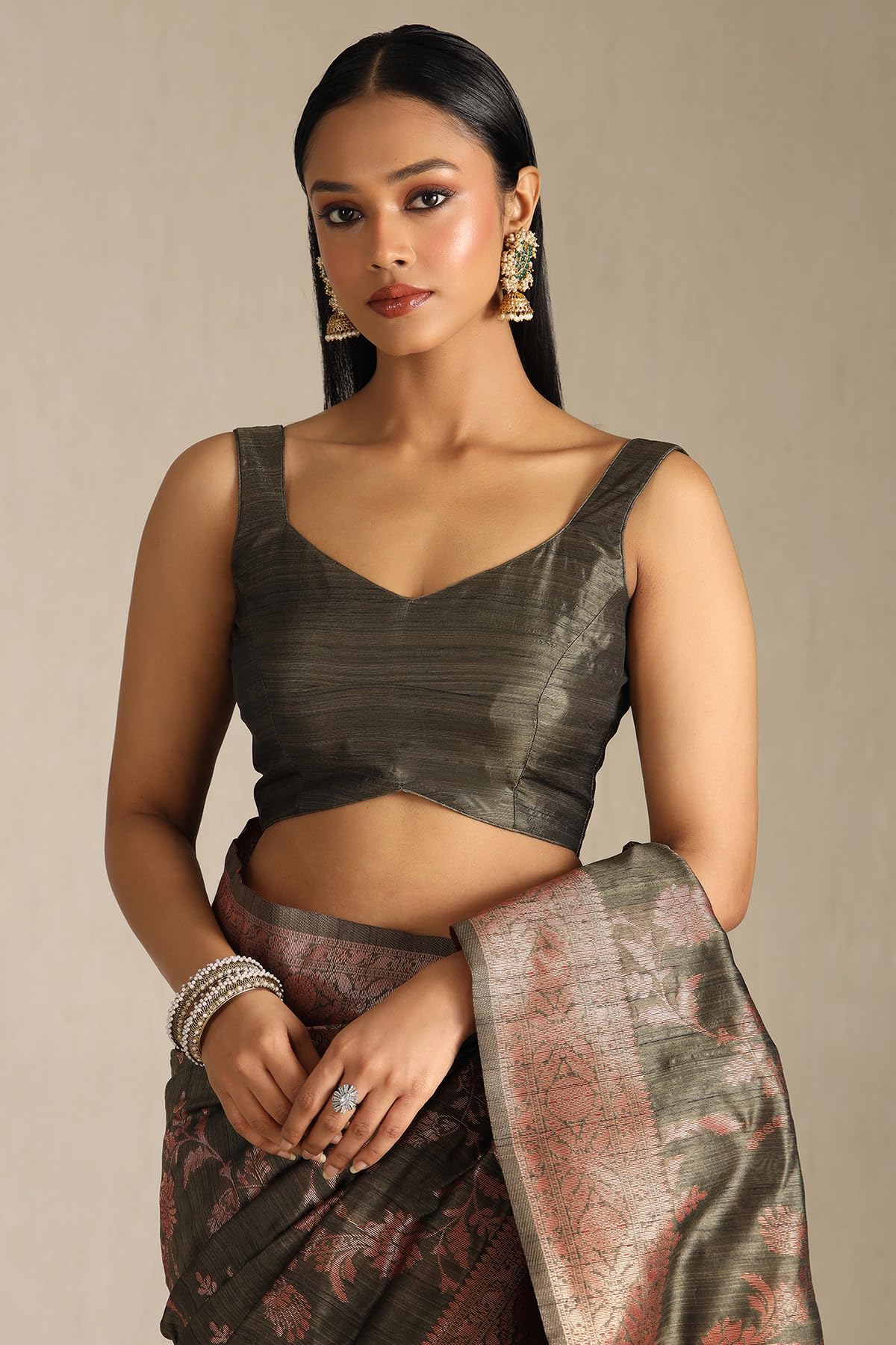 Soch Womens Olive Tussar Floral Print Saree With Zari Woven