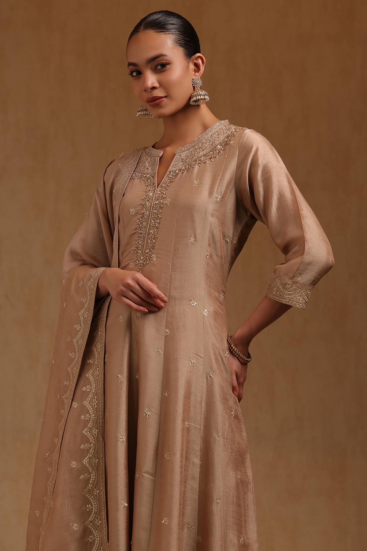 Soch Womens Beige Vichitra Zari Embroidered Salwar Suit With Sequins