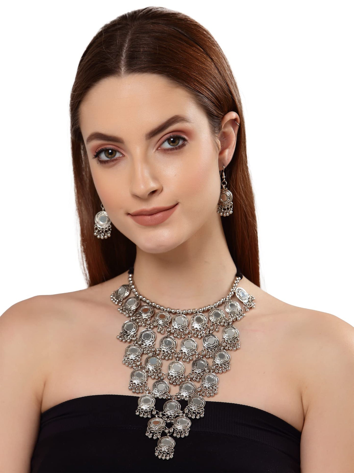 Shining Diva Fashion Latest Stylish Traditional Oxidised Silver Necklace Jewellery Set for Women (13115s)