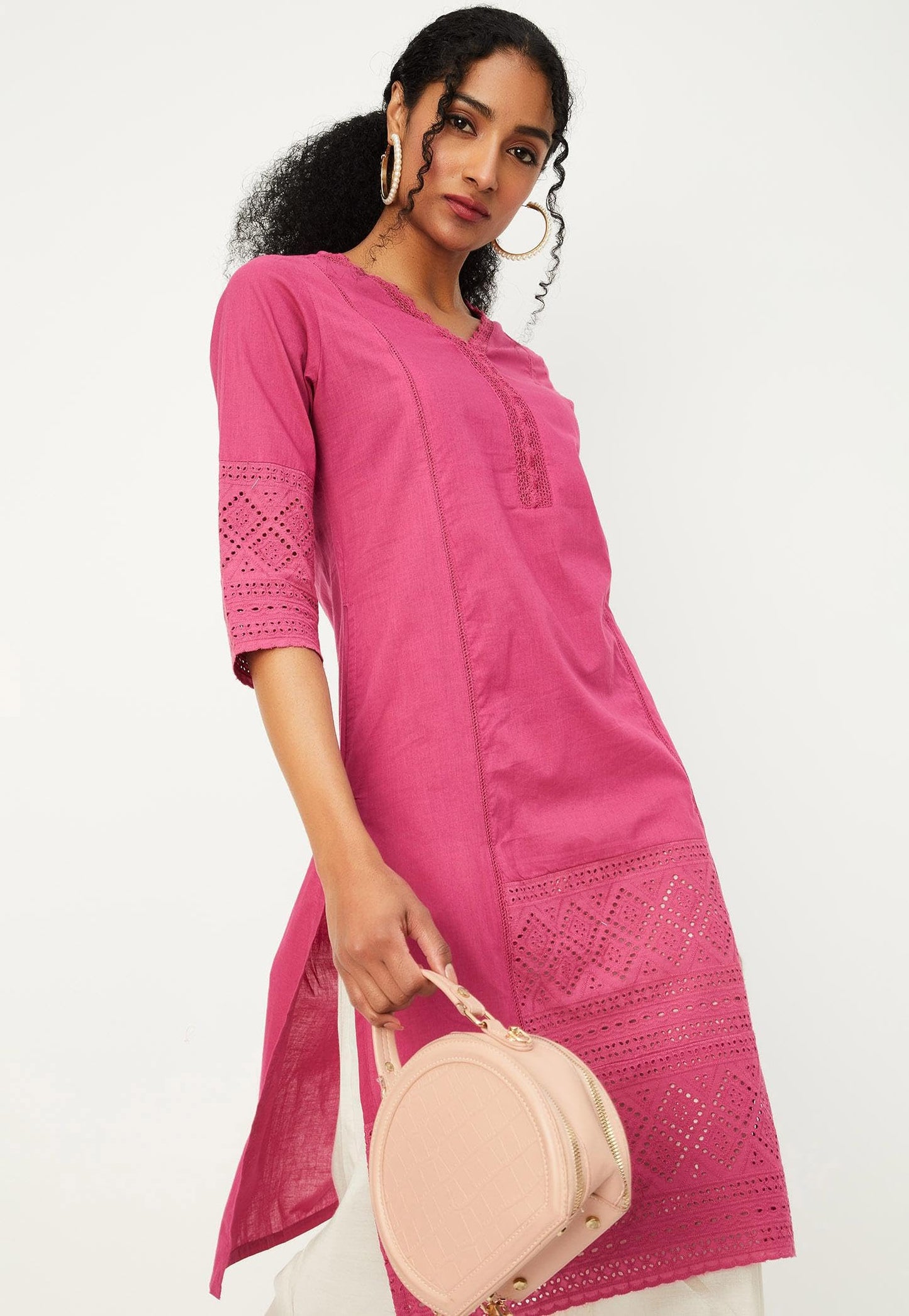 Max Cotton Women Schiffli Regular Fit Straight Kurta (WWNE41001PINK)_Large