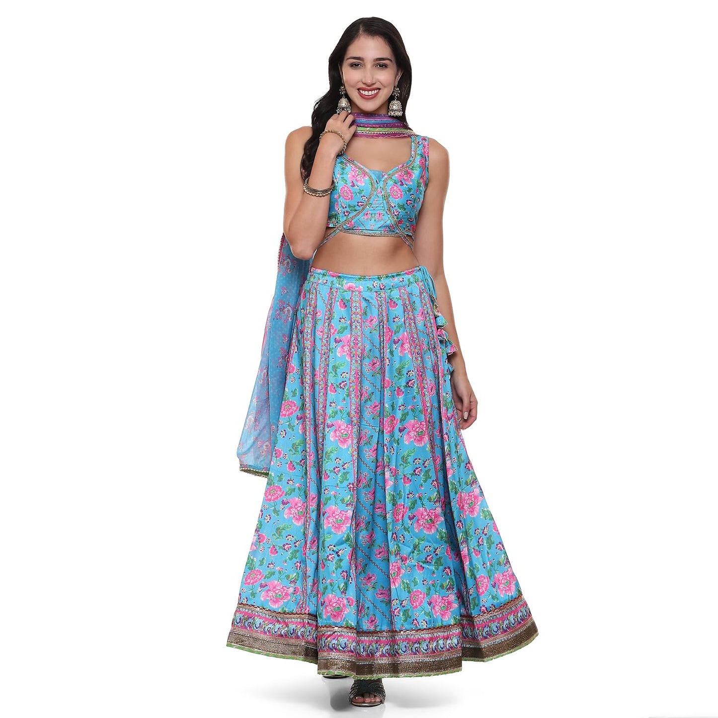 BIBA Womens Polyester Blend Printed Straight Lehenga Set(Skdassorted9040_Turquoise_M) Readymade Turquoise M