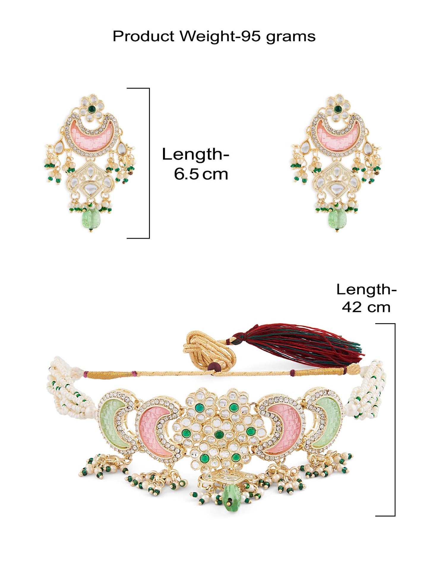 ZAVERI PEARLS Pink Green Stones Beads Multistrand Kundan Choker Necklace Earring & Ring Set For Women-ZPFK15652