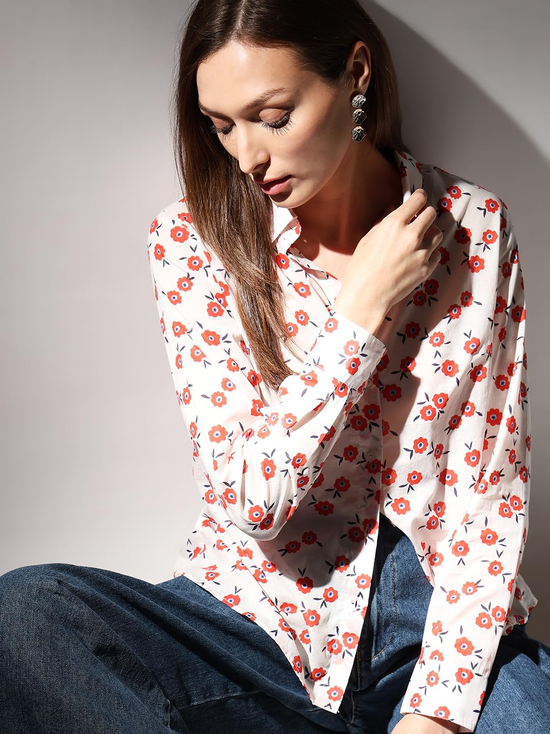 VERO MODA Women Floral Print Orange Cotton Regular Fit Shirt