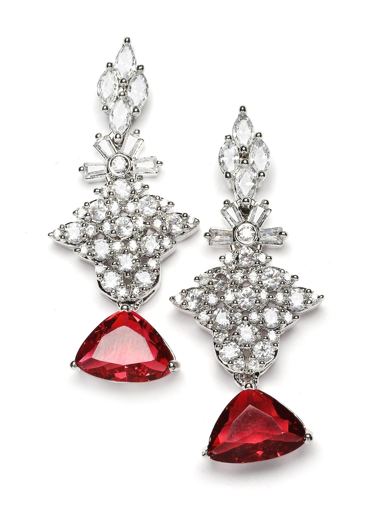 Karatcart Silver Tone Red Triangular Shape American Diamond Necklace Set for Women