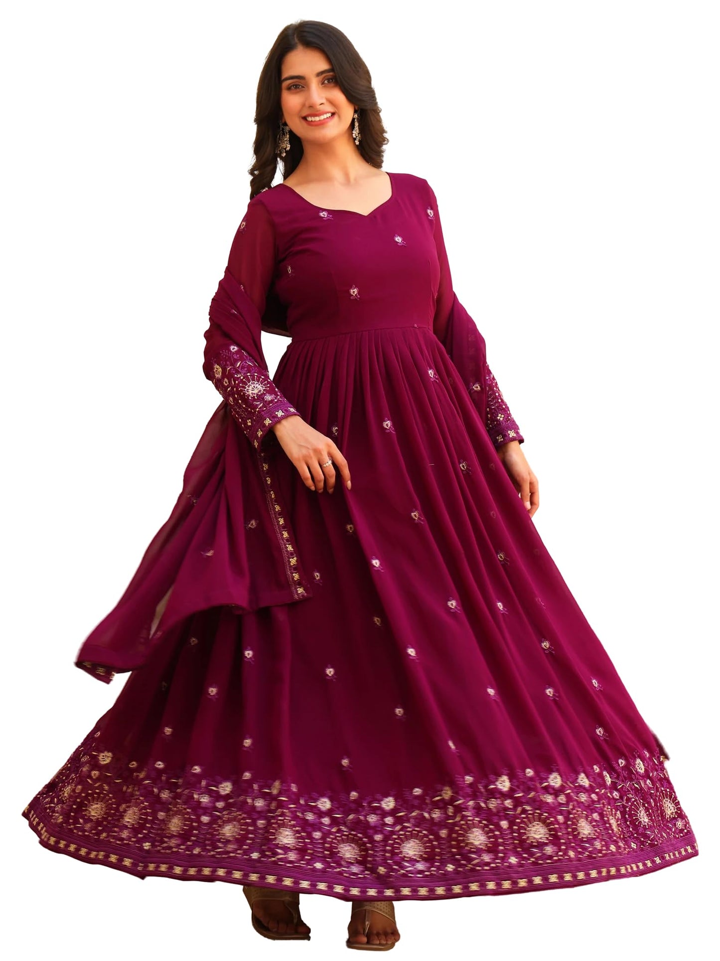 Fashion Basket Georgette Embroidered Anarkali Dress for Women Purple