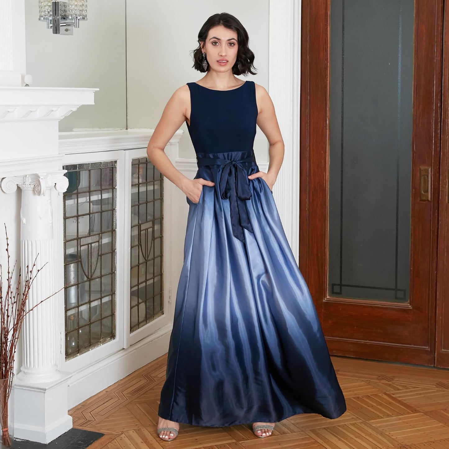 S.L. Fashions Women's Long Satin Mother of The Bride Dress with Pockets, Formal Party Gown (Petite and Regular Sizes), Navy/Wedgewood, 12