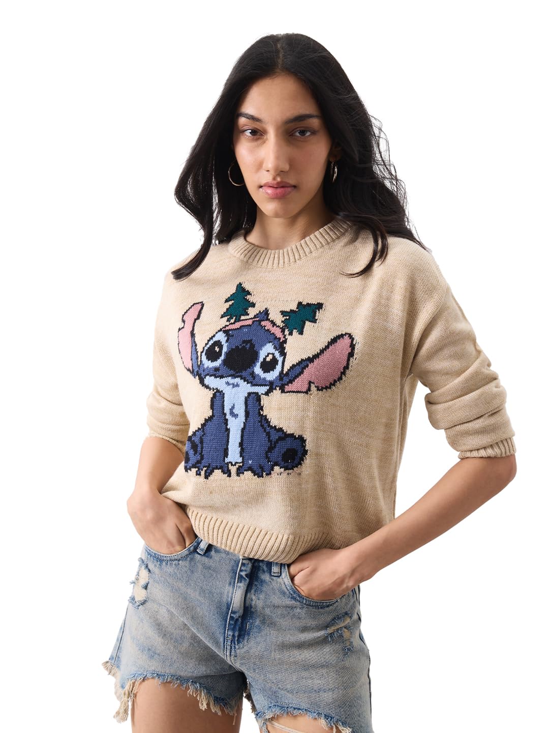 The Souled Store Official Lilo and Stitch: Ohana Women and Girls Oversized Sweater Beige