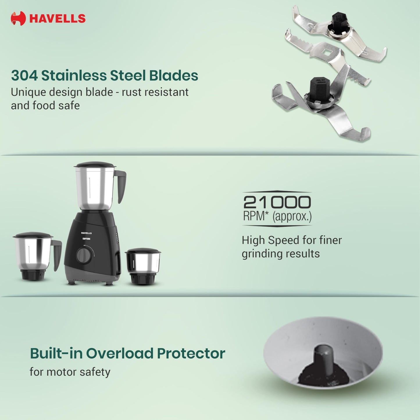 Havells Capture 500W Mixer Grinder 3 Stainless Steel Jars | 21000 RPM High-Speed Motor | Rust-Resistant 304 SS Blades | 1.5L Large Blending Jar | Overheat Protection | 1-Year Warranty (Black)