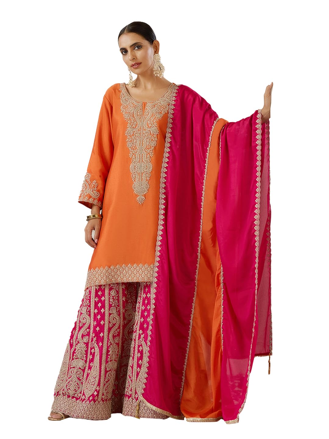 ishin Gold zari embroidered short kurta with embroidered sharara and dupatta