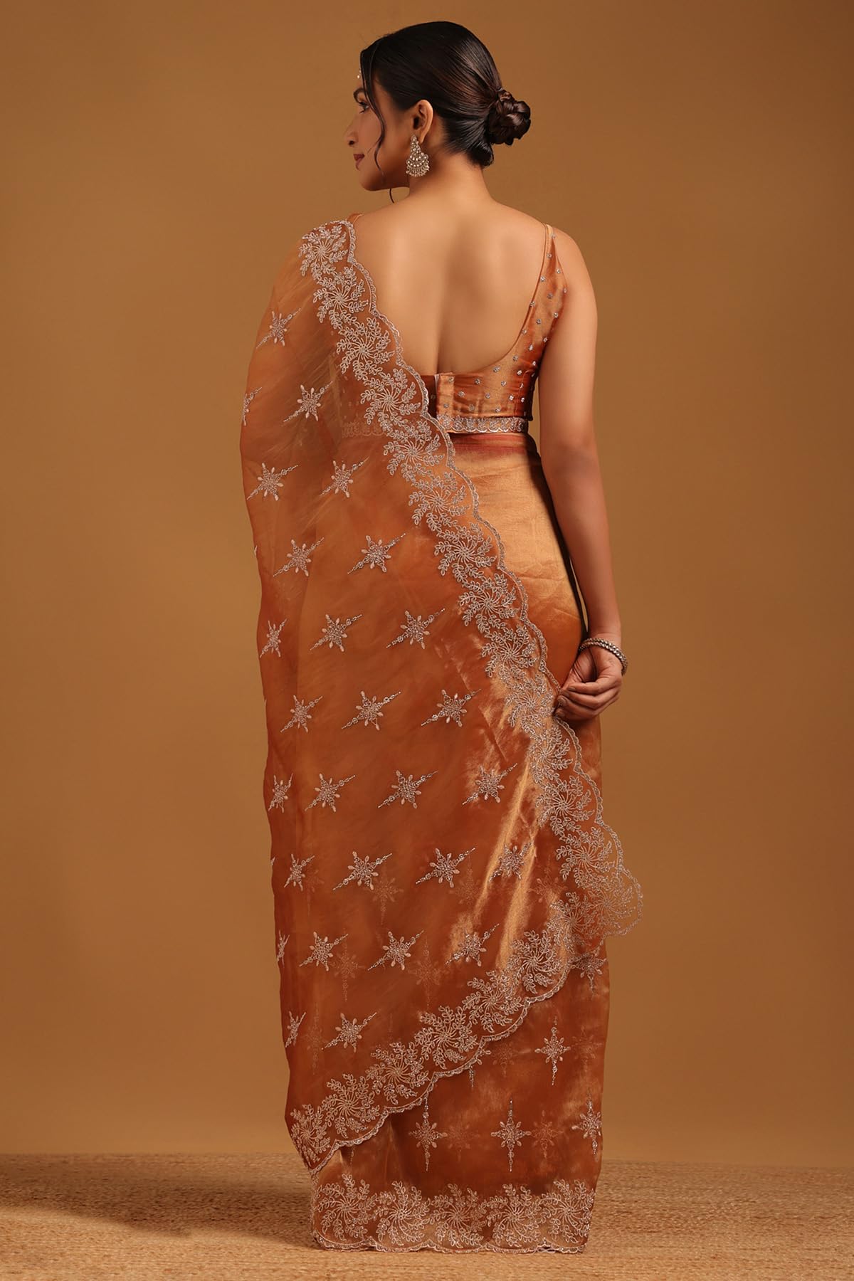 Soch Womens Peach Tissue Ethnic Motifs Saree With Stone Work