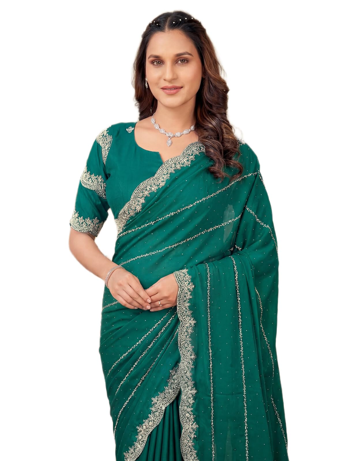 SIRIL Women's Shimmer Georgette Scalloped Border Stone Work Embroidery Saree with Unstitched Blouse Piece (4925S612A_Teal Green)