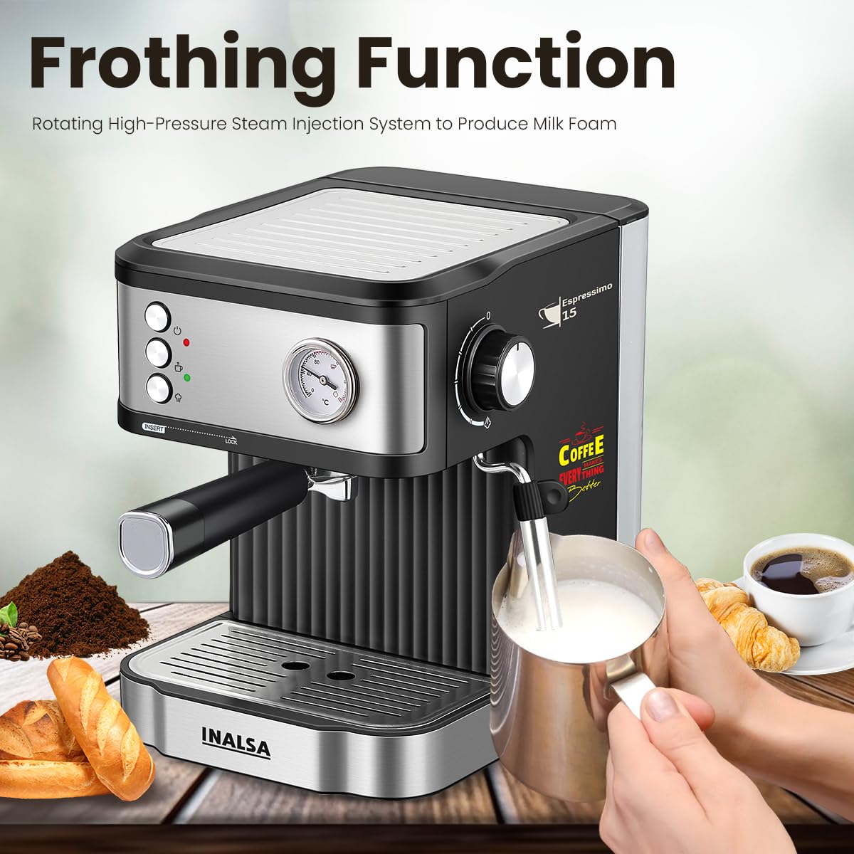 Inalsa Espresso Coffee Machine for Home, Office|15 Bar Pressure|NTC Visible temperature Control Technology With Milk Frother|Double Shot System|3in1- Espresso, Cappuccino & Latte (Espressimo 15)