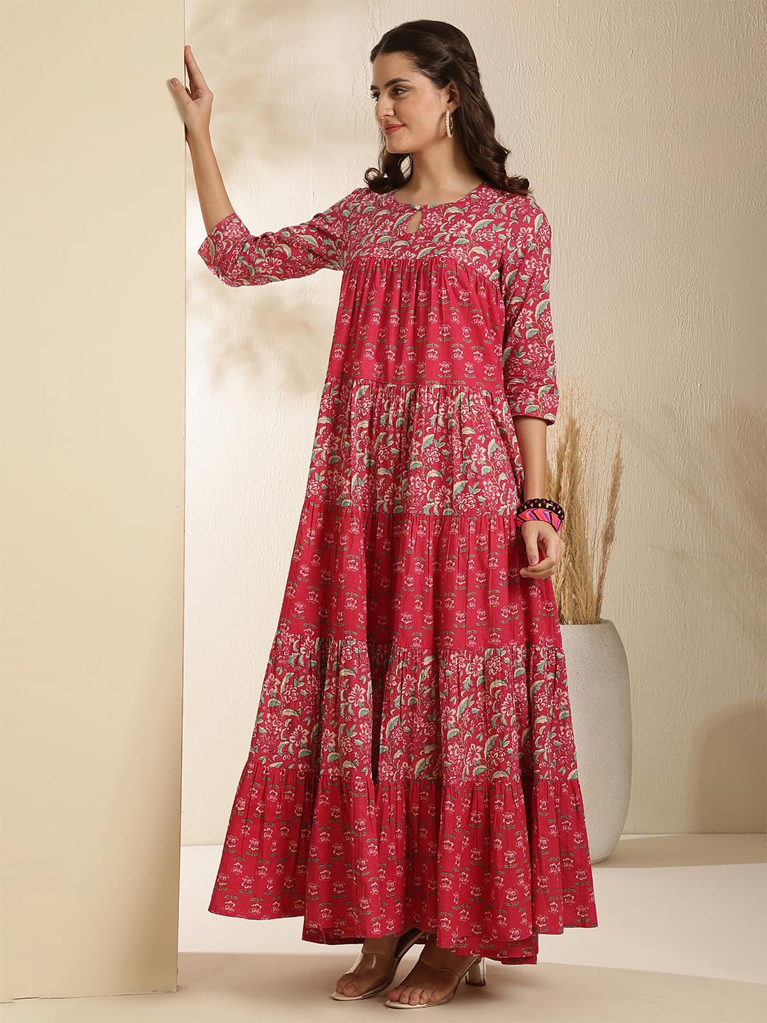 Gulmohar Jaipur Women's Cotton Ankle Length Printed Key Hole Neck Anarkali Gown (GUL485KRTPINK_3XL, 3XL, Pink)