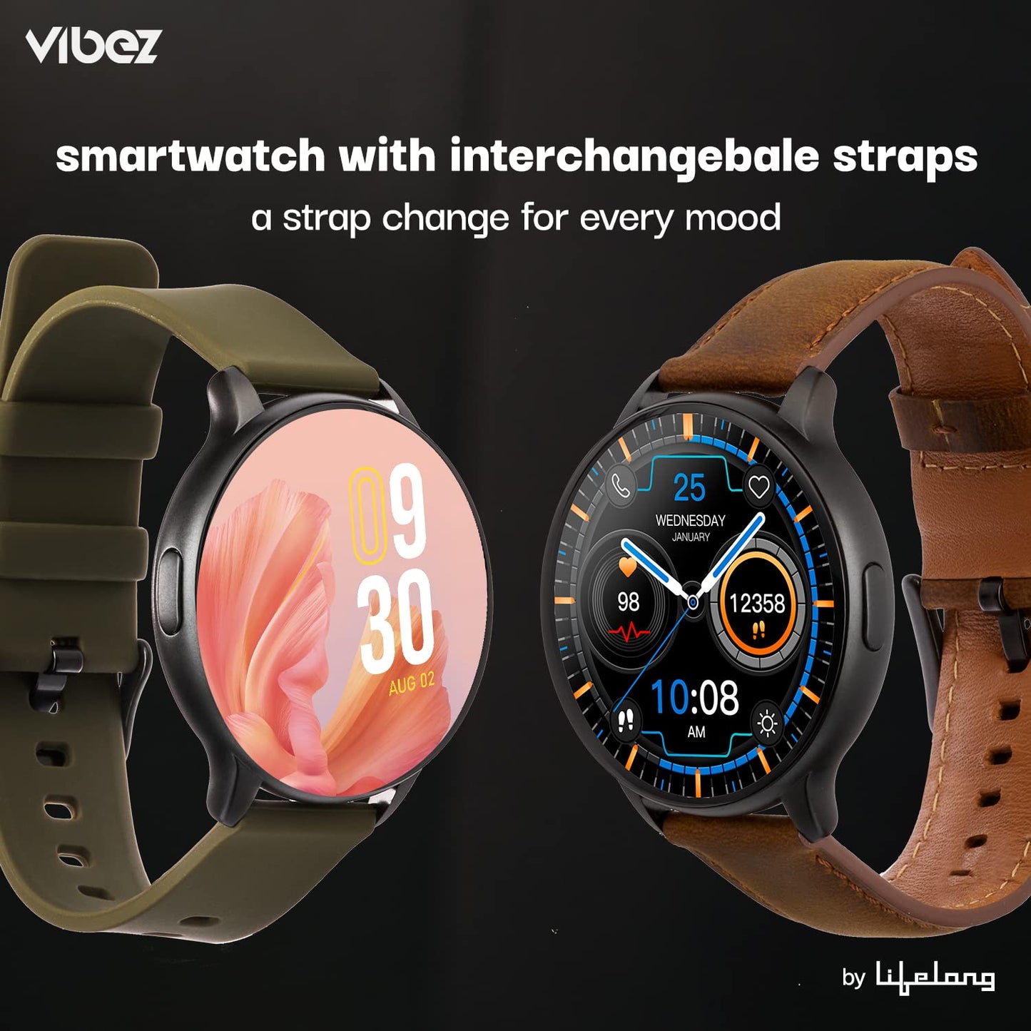 Vibez by Lifelong Smartwatch for Men & Women | 1.28" HD display | One Watch.Two straps |Bluetooth calling, Multiple Watch faces, Health Tracker, 7-day battery|1 Year Warranty( VBSWM189,Emerald series)