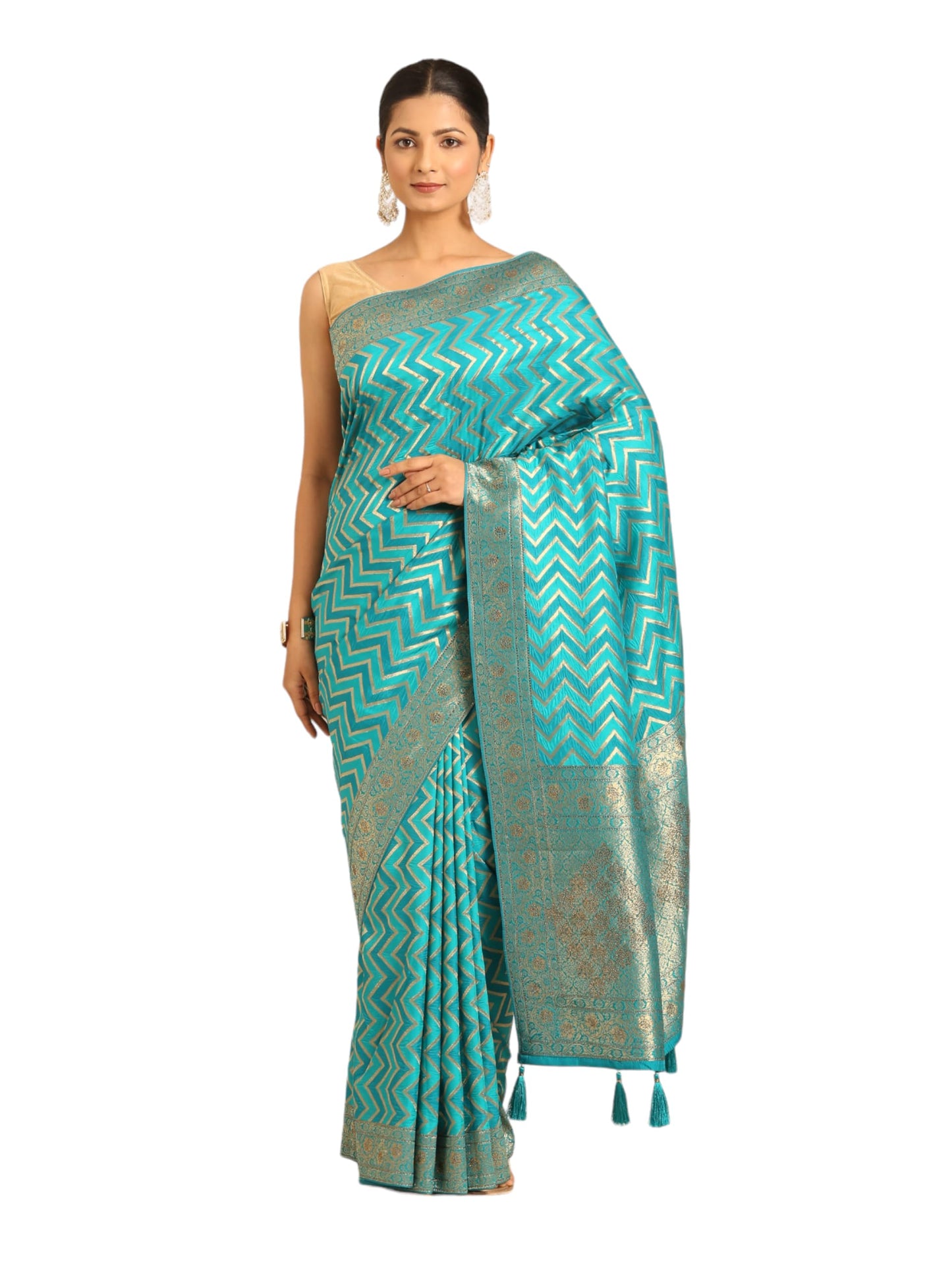 MOHEY Women's Blue Art Silk Embroidered|Zari Weave Saree