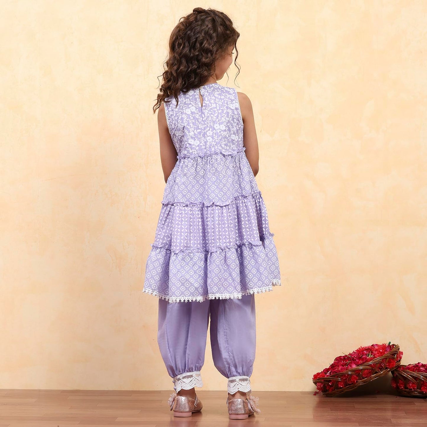 Biba Girl's Purple Cotton Tiered Printed Kurta Salwar Set