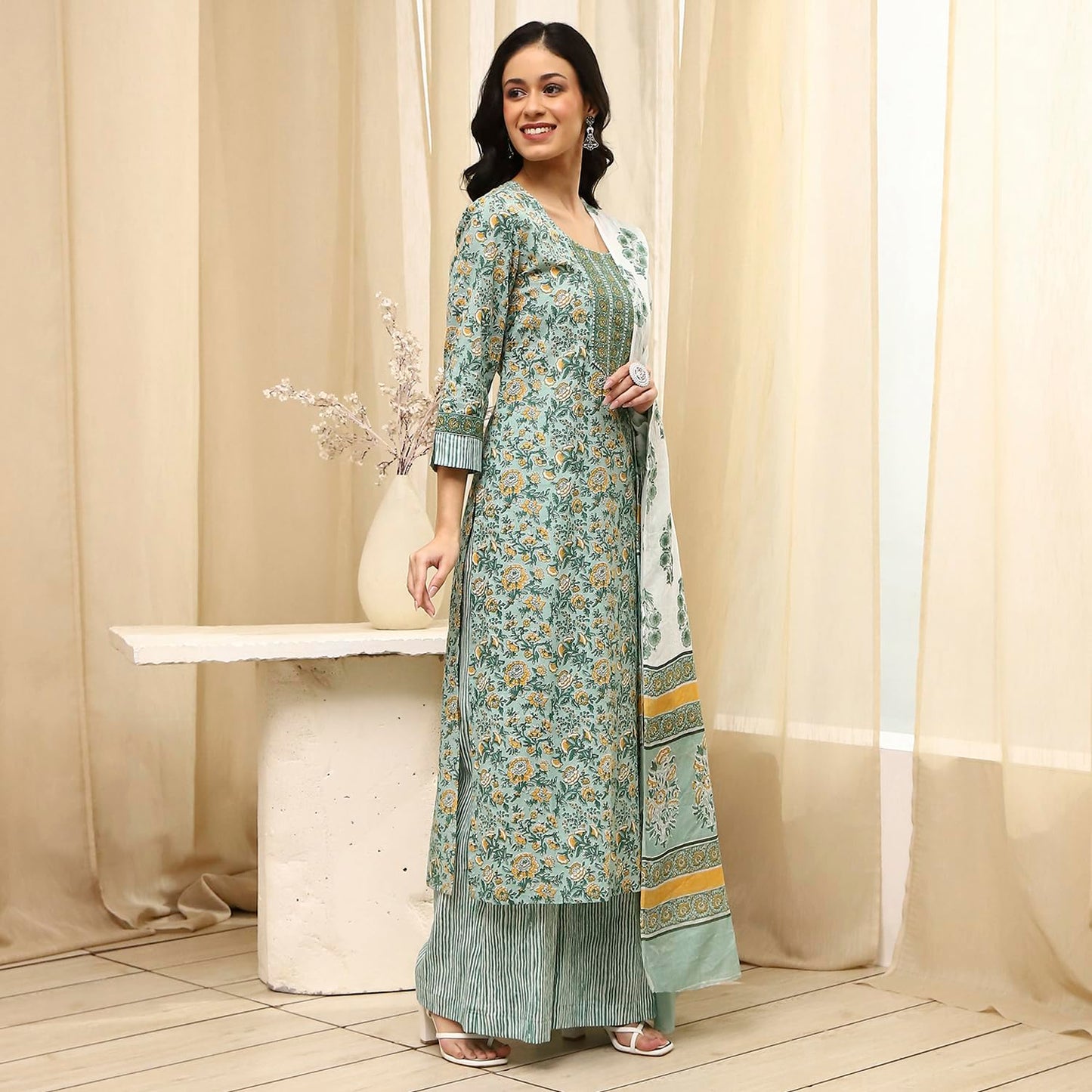 BIBA Women Green Cotton Screen Print Unstitched Suit Set_FREE SIZE