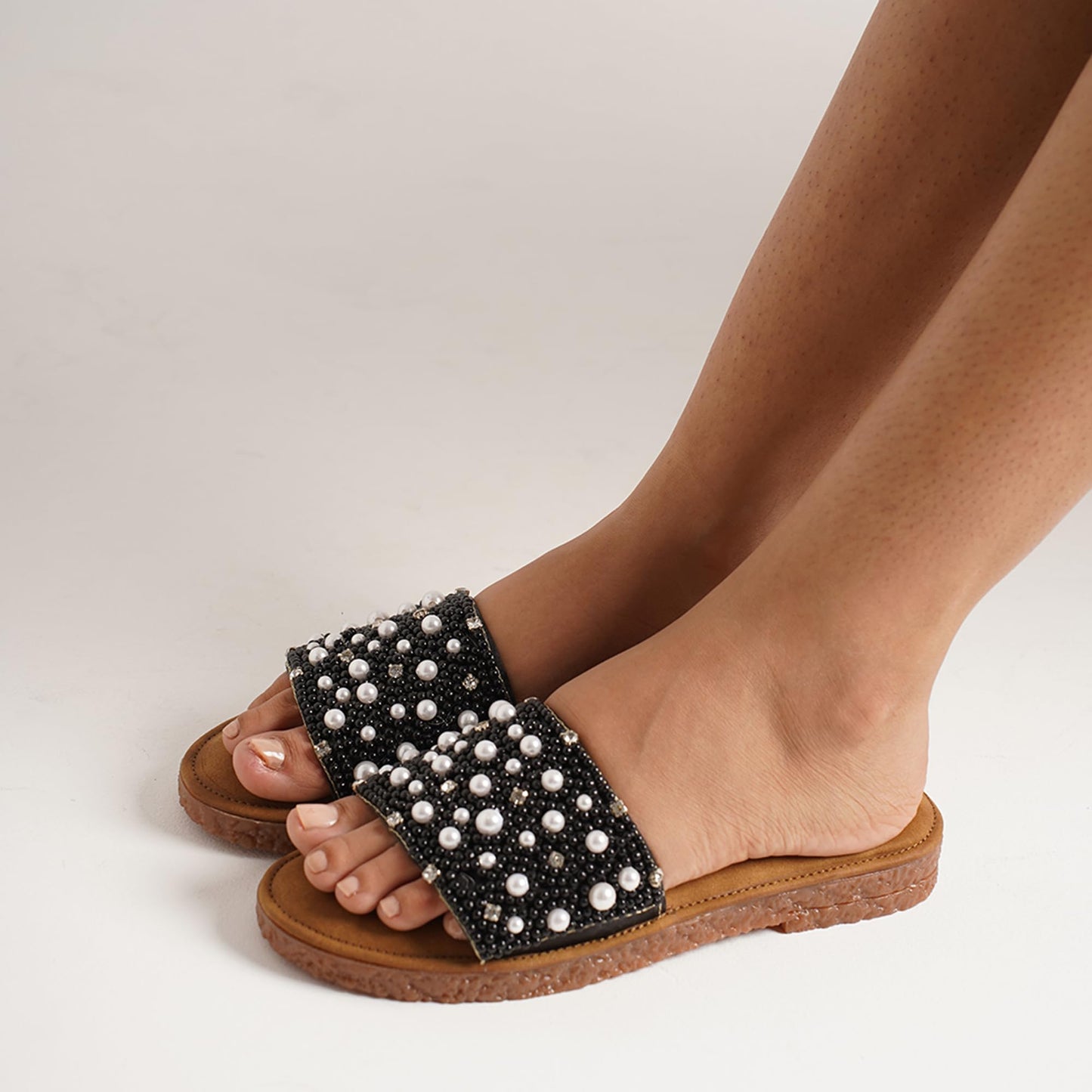JM LOOKS Women & Girls Embllished Pearl Slide Flats Sandal Stylish Slippers for Daily Use Festival & Casualwear