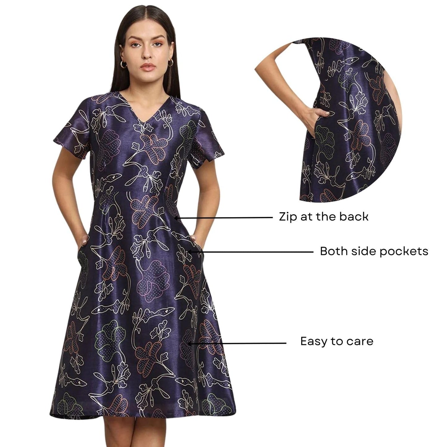 Powersutra Printed Silk Dress for Women | A-line Dress for Women | Office Wear | Blue