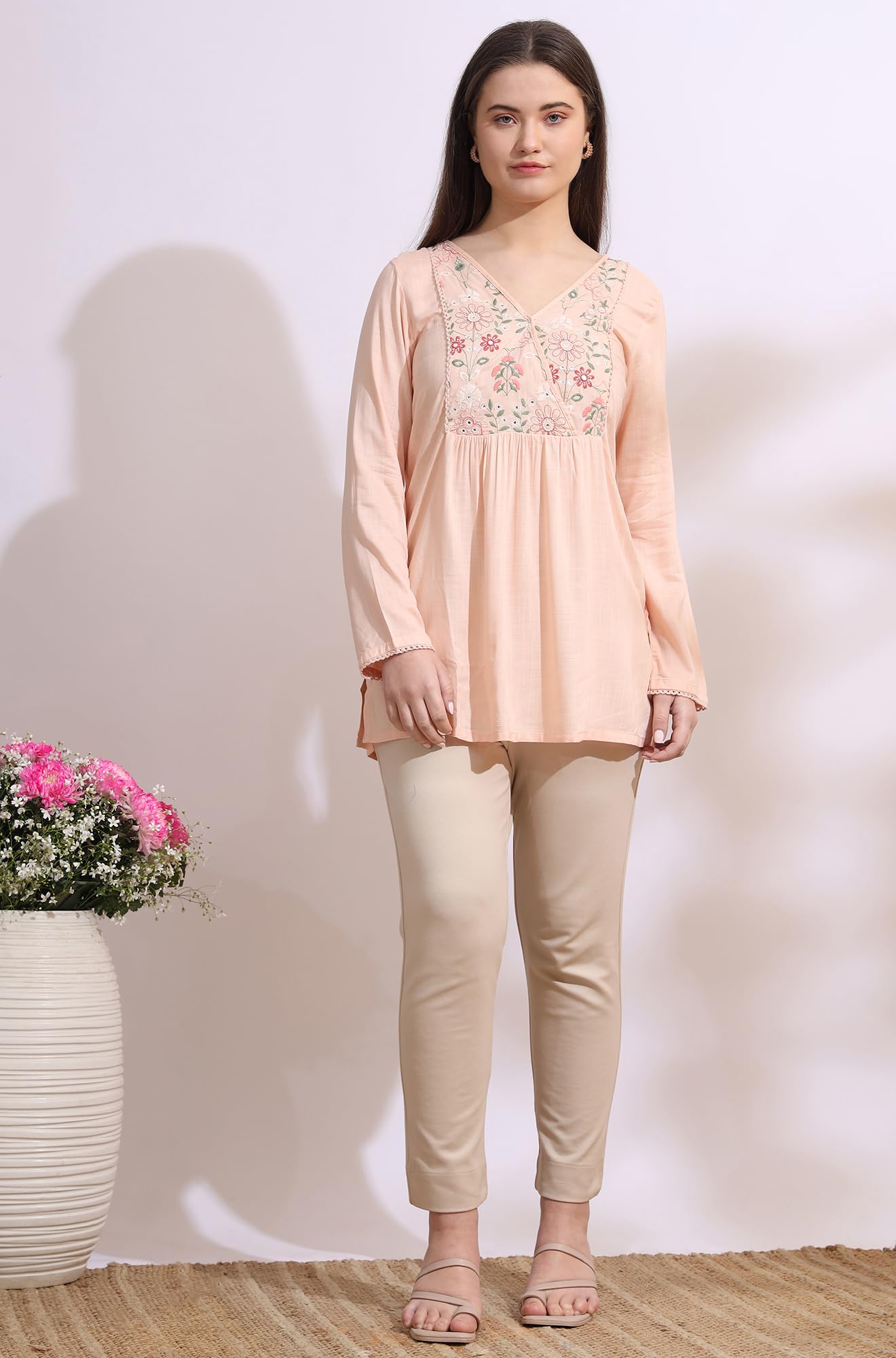 W for Woman Pastel Pink Thread Embroidered Gathered Swiss Dot Ethnic Top (Size: XS)-W31259-223088