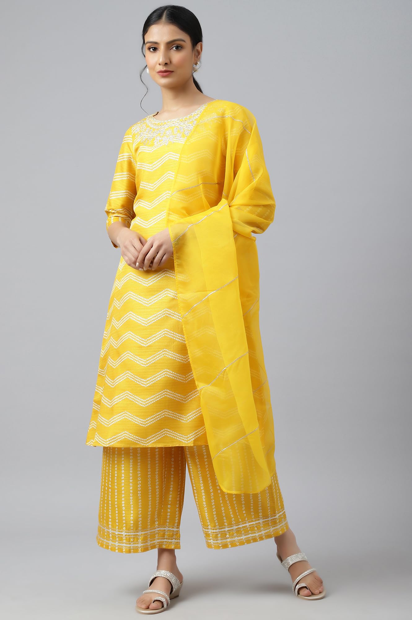 W Women's Silk Kurta and Trouser Set (22AUWS18282-119632_Marigold Yellow_M)