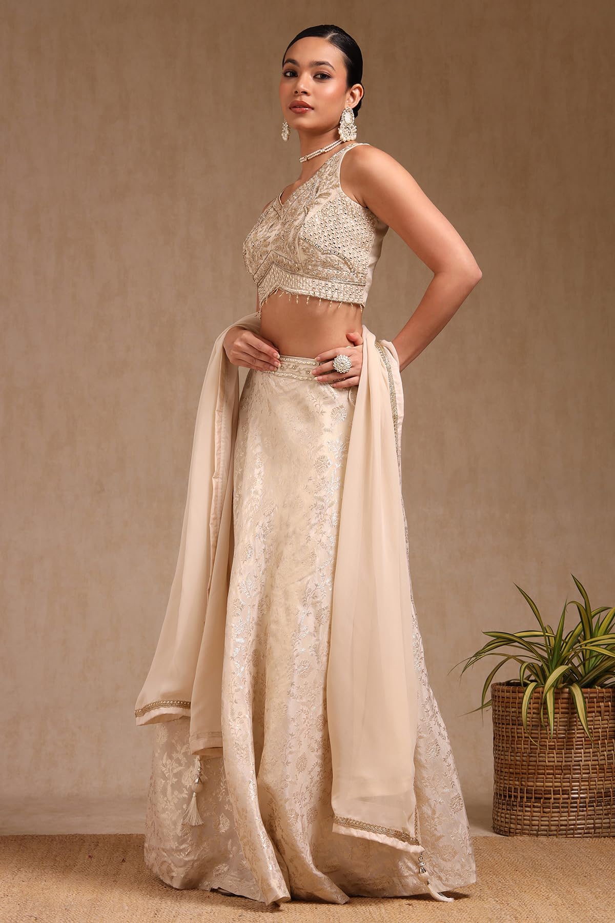 Soch Womens Off White Brocade Embroidered Lehenga Choli With Mirror and Stone