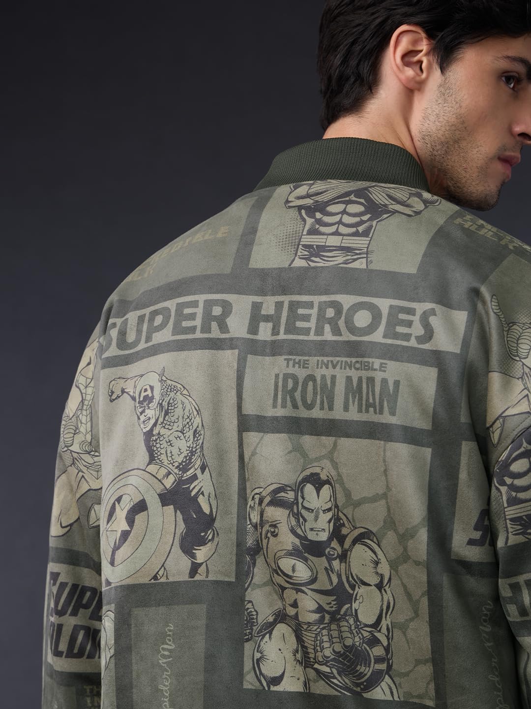 The Souled Store Marvel: Heroes Assemble Men and Boys Full Sleeves Round Neck Dark Green Graphic Printed Polyester Regular Fit Lightweight Reversible Bomber Jacket