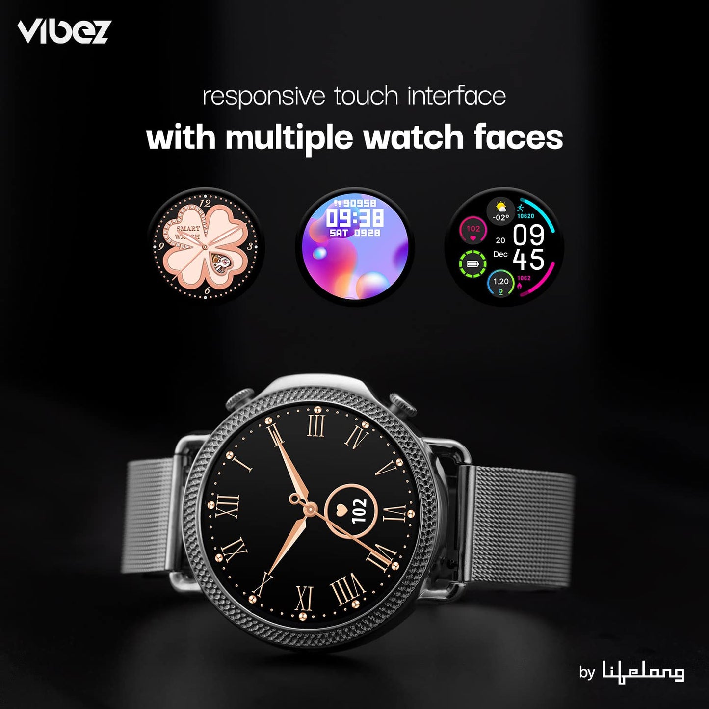 Vibez by Lifelong Ornate Smartwatch For Women with HD Display|Body Temprature |24x7 Heart Rate & SpO2 Tracking|8 Sports Mode|Sleep Monitor|IP67|7 days Battery Backup (VBSWW45, 1 Year Manufacturer Warranty, Silver)