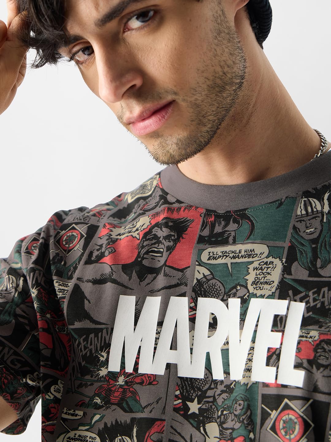 The Souled Store Official Marvel: Comic Nerd Men and Boys Short Sleeves Round Neck Grey All Over Printed Cotton T-Shirts