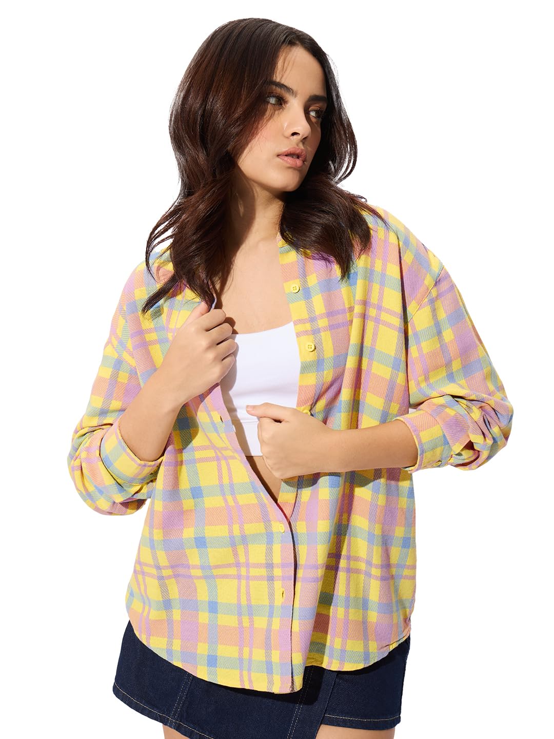The Souled Store Plaid: Citron Women and Girls Long Sleeve Collared Neck Button Down Boyfriend Shirts Womens Boyfriend Shirts Casual Button-Down Full Sleeve Solid Short Sleeve Casual Workwear