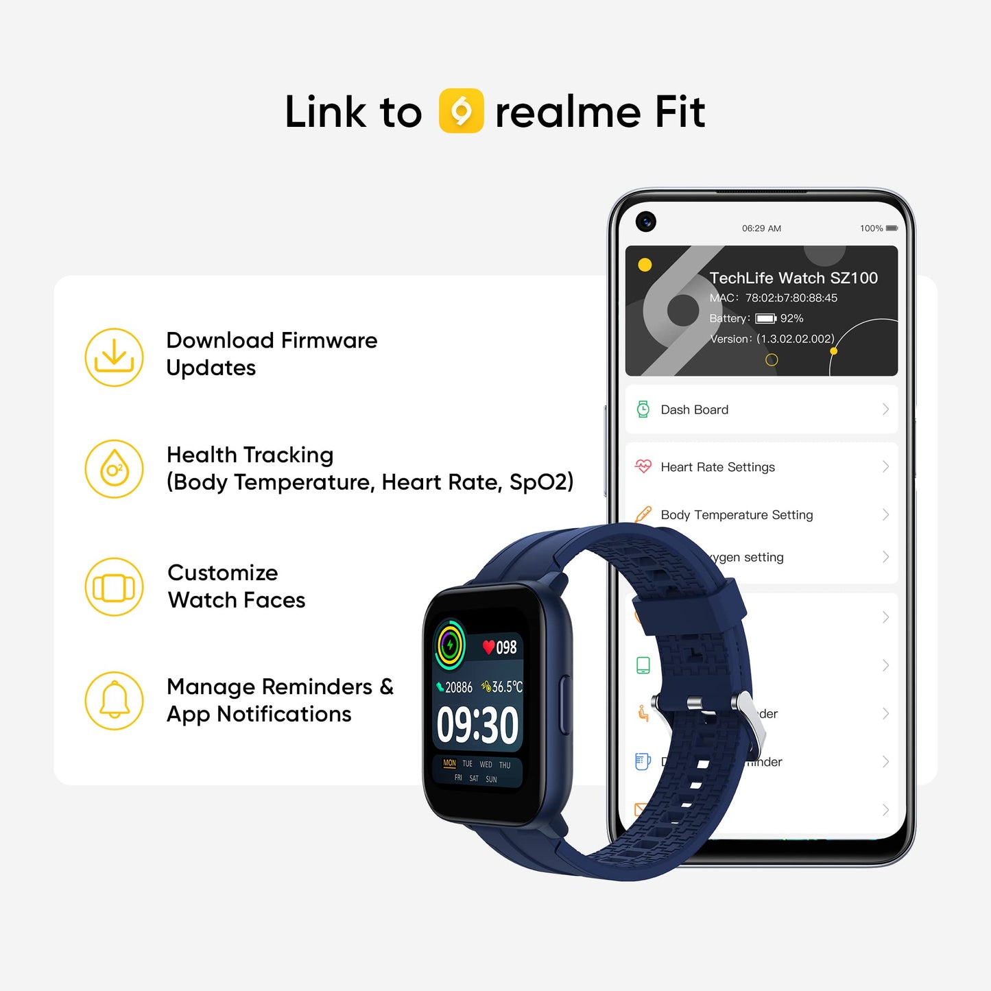 realme Techlife Smart Watch SZ100 1.69" HD Display with SpO2, Heart Rate & Temperature Monitors (Blue Strap, Free Size), RMW2103