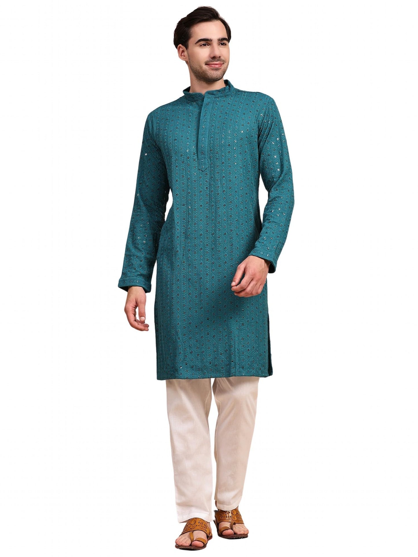 SKAVIJ Men’s Traditional Sequined Kurta Pajama Set Embroidered Party Dress Green_M