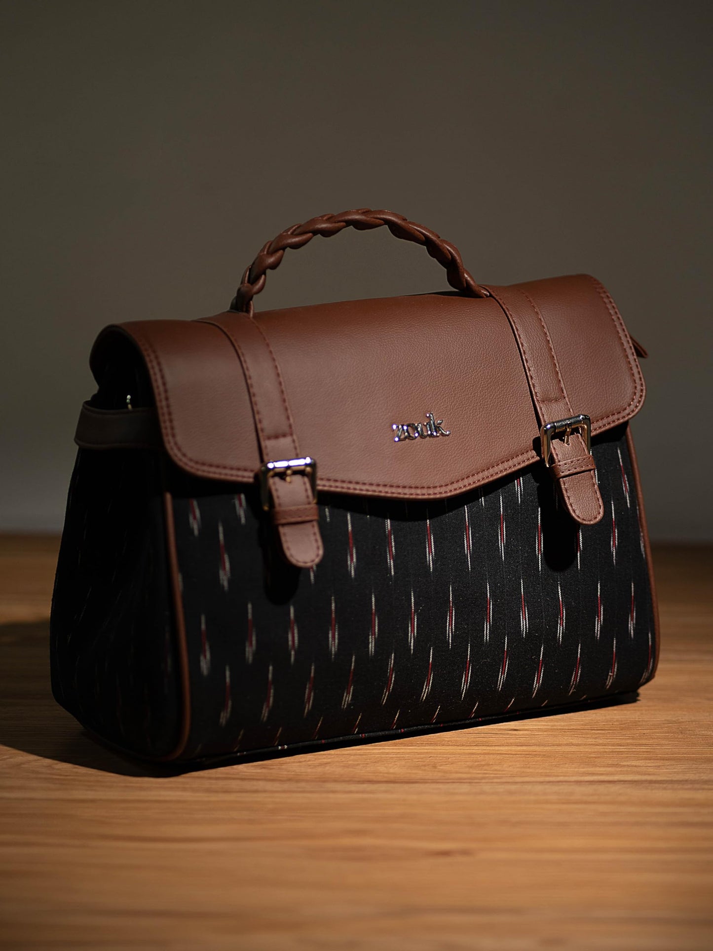 ZOUK Konkona Heritage Satchel Bag - Ikat GreRed | Jute | Vegan Leather Handcrafted With Detachable Sling Strap| Black and Red