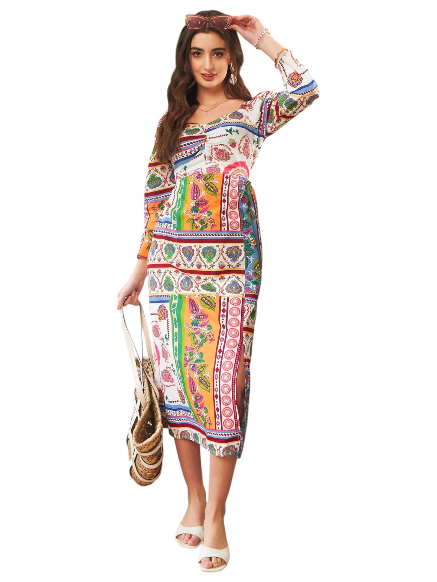 SASSAFRAS Women's Poplin Below Knee Midi Dress (SFDRSS11992_Multi_M) Multicolour