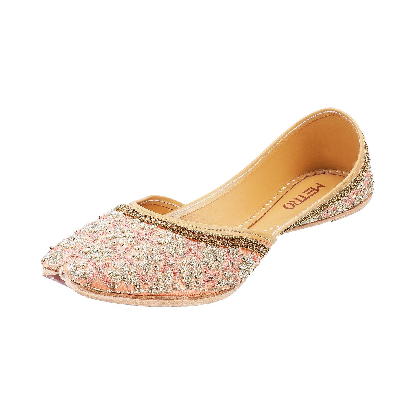 Metro Womens Beaded Peach Mojaris (Size (3 UK (36 EU))