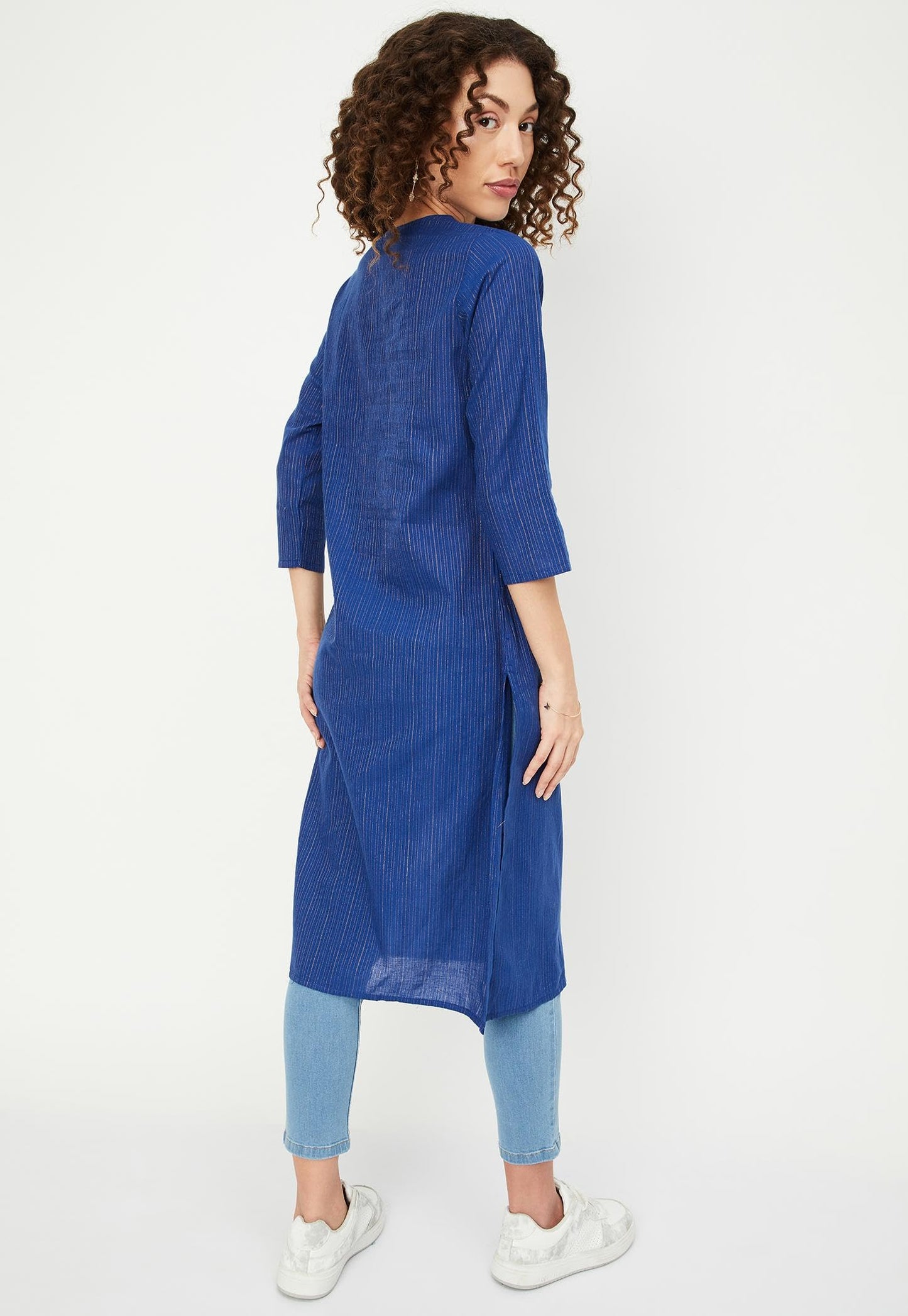 Max Cotton Blend Women Striped Regular Fit Straight Kurta (PKBL41001BLUE)_Medium