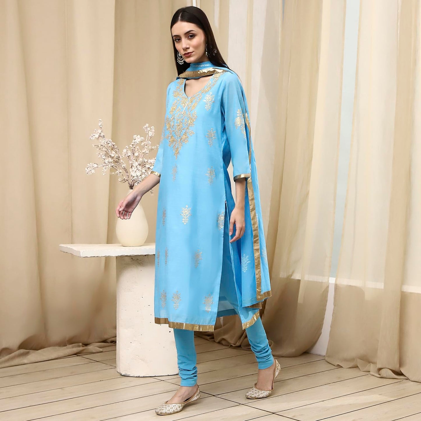 Biba Women's Poly Chanderi Kurta Set (SKDASRT7716ESS25BLU_Blue