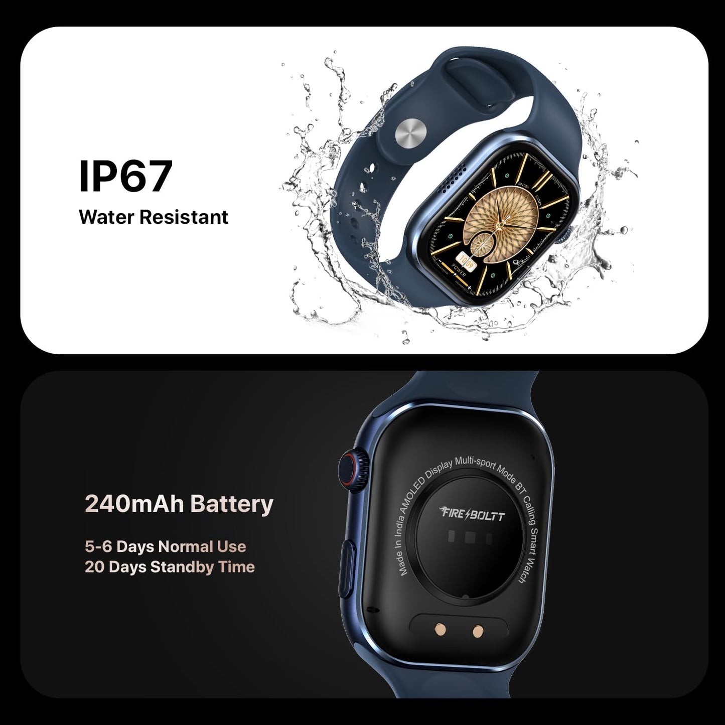 Fire-Boltt Brillia Smart Watch 2.02” Super AMOLED Display, Bluetooth Calling, SpO2, Heart Rate Monitor, 120+ Sports Modes, Fitness Tracker, Voice Assistant, Smart Watch for Man & Women– Blue