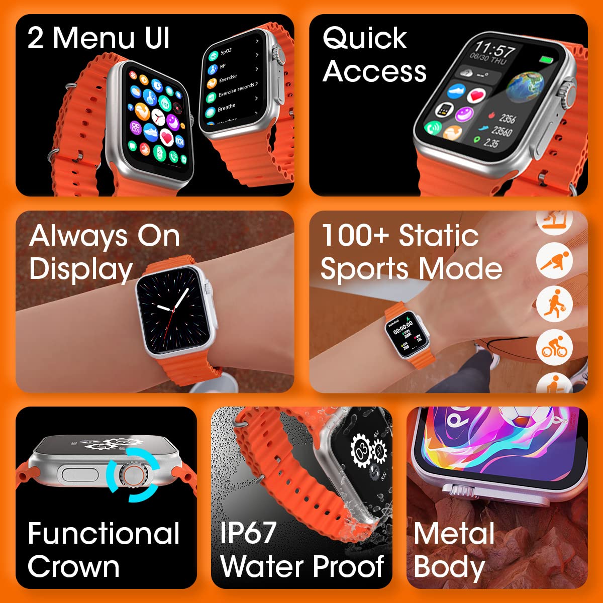 Zebronics ICONIC ULTRA AMOLED Smart watch with Calling Bluetooth 5.1, 1.78" (4.5cm) Large 2.5D screen, Voice assistant, Always ON Display, Built-in rechargeable battery & Female health- Silver+Orange